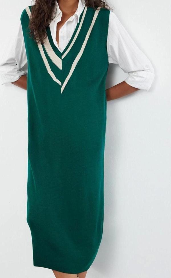 Moda Stil Regular V Yaka Midi Boy Triko Renk Bloklu Elbise - Image 1