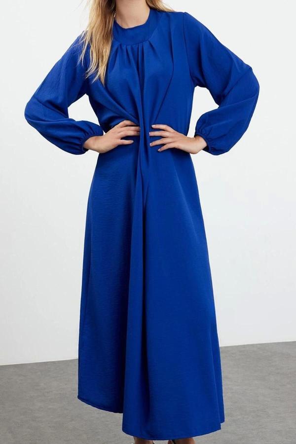 Moda Stil Relaxed Bisiklet Yaka Maxi Boy Tesettür Rahat Kesim Balon Kollu Aerobin Dokuma Elbise - Image 1
