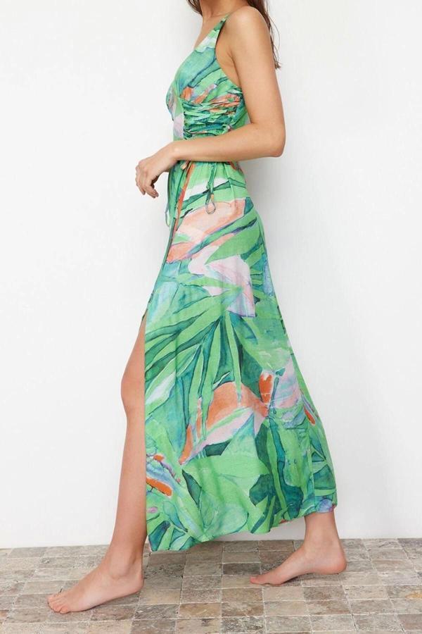 Moda Stil Relaxed V Yaka Maxi Boy Çiçek Desenli Dokuma Plaj Elbisesi - Image 1