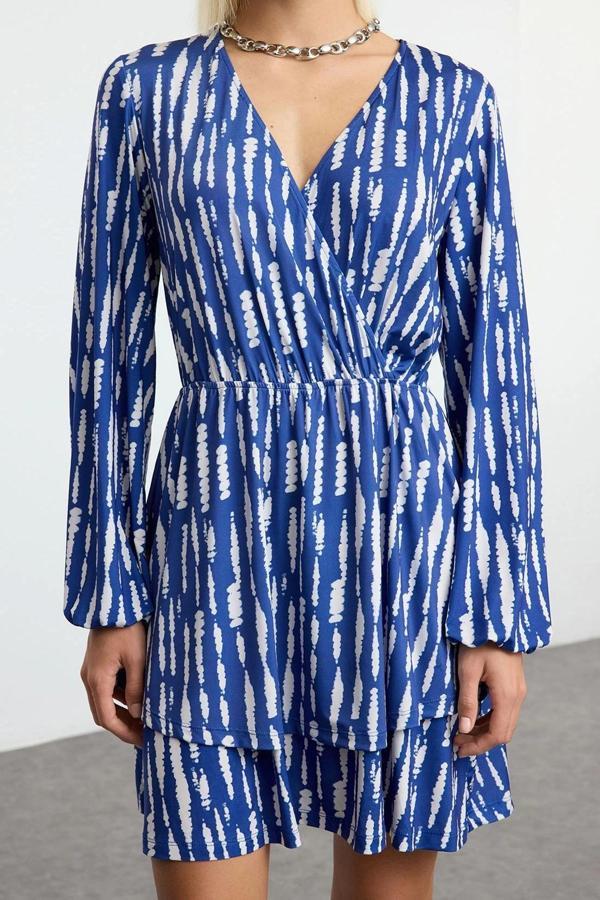 Moda Stil Relaxed V Yaka Mini Boy Eteği Fırfırlı Örme Elbise - Image 1