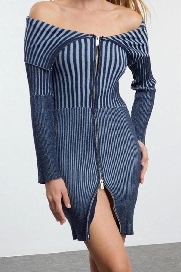 Moda Stil Slim Devrik Yaka Mini Boy Triko Premium İplik Özel İplik Yıkama Efektli Elbise - Image 1