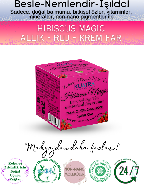 Hibiscus Magic Doğal İçerikli Çok Amaçlı Allık, Ruj, Göz Farı (Makyaj Beraberinde Çok Değerli Besleyici Cilt Bakımı) - Image 1