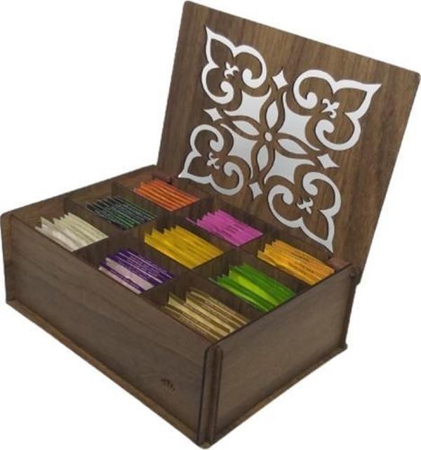 Ahşap Çay Kutusu (Gediz) 9 Bölmeli Kapaklı Poşet Bitki Çayı Saklama Kabı Tea Box  ( 72 Çay Dahil ) - Image 1