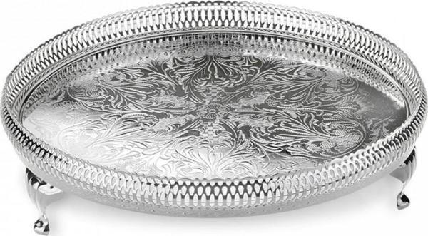 Queen Anne İngiliz Gümüşü Ayaklı Yuvarlak Sunum Tepsisi 28 cm   - Image 1