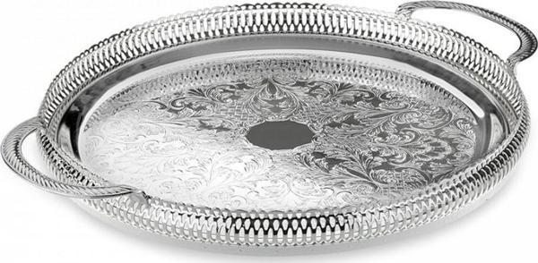 Queen Anne İngiliz Gümüşü Kulplu Yuvarlak Tepsi 35.5 cm   - Image 1