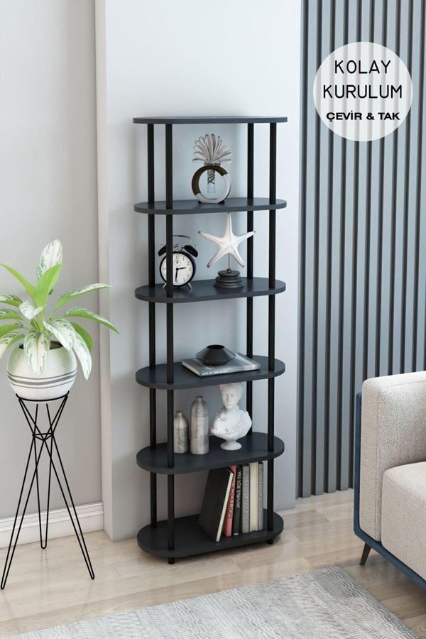 Modalanka 6 Raflı Oval Tasarım Kitaplık Ofis Salon Kitaplığı Modern Şık Tasarım Kitaplık Dosya Rafı - Image 1