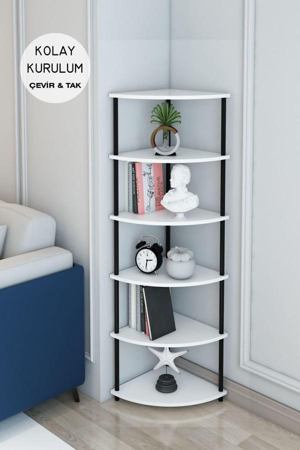 Modalanka 6 Raflı Köşe Üçgen Tasarım Kitaplık Ofis Salon Kitaplığı Köşe Raf Modern Şık Tasarım - Image 1