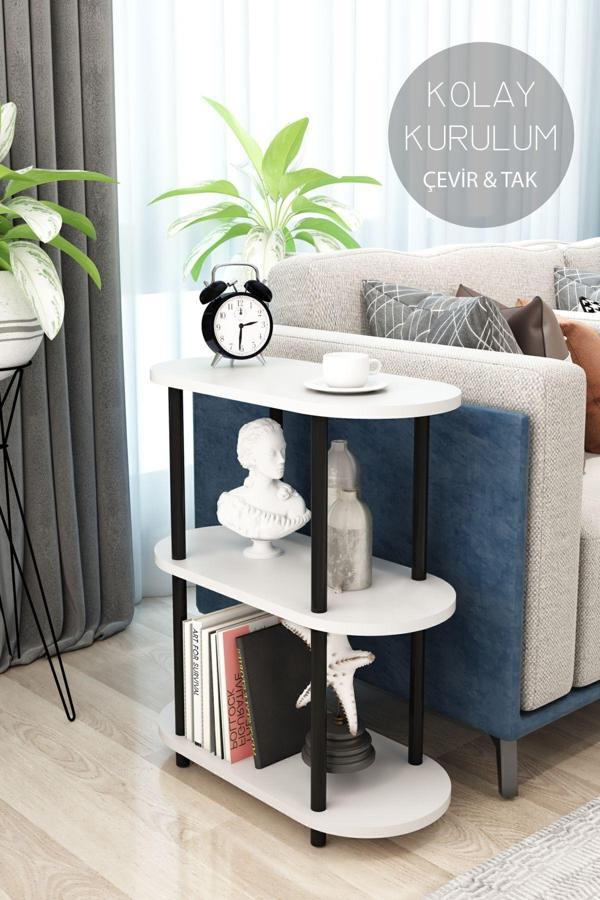 Modalanka 3 Raflı Oval Tasarım Çevir Tak Yan Sehpa Kitaplık Dekoratif Özel Tasarım - Image 1