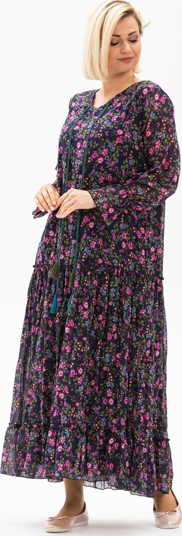 Uzun Kol Vual Gonca Uzun Yazlık Elbise Tomurcuk Desen Koyu Mor 6169 - Image 1