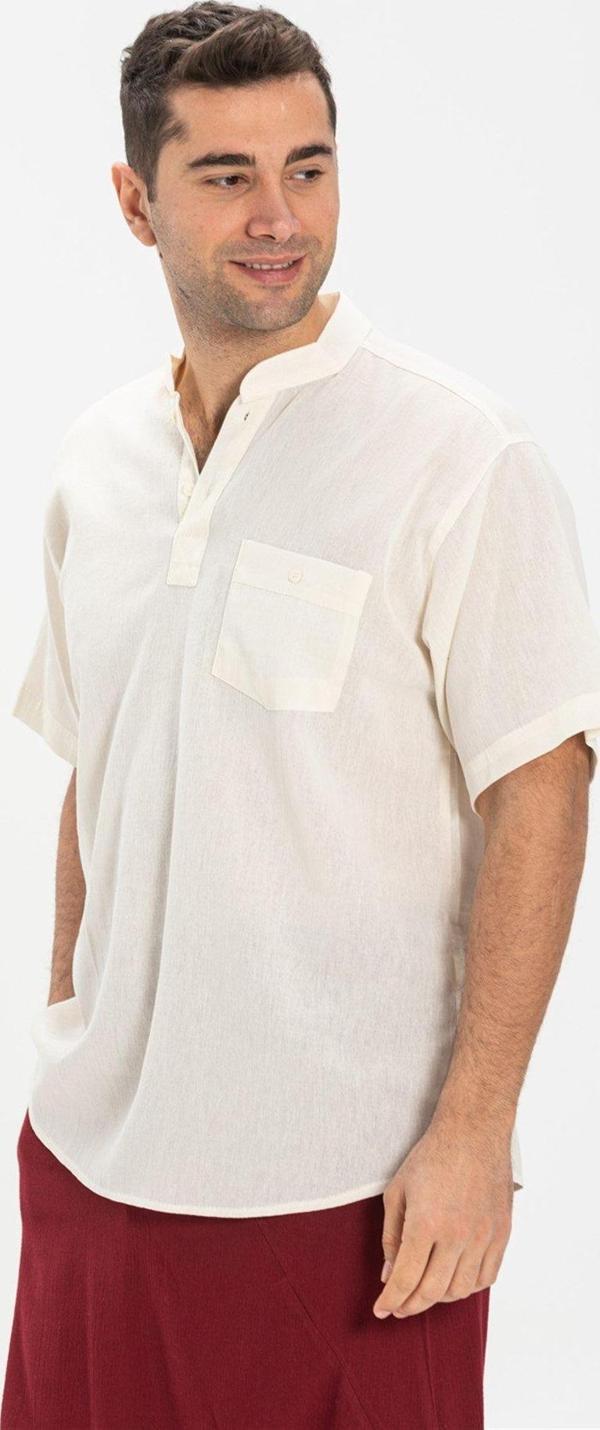 Büyük Beden Şile Bezi Kısa Kol Tek Cepli Hakim Yaka Erkek Yazlık Tshirt Krem 3002 - Image 1