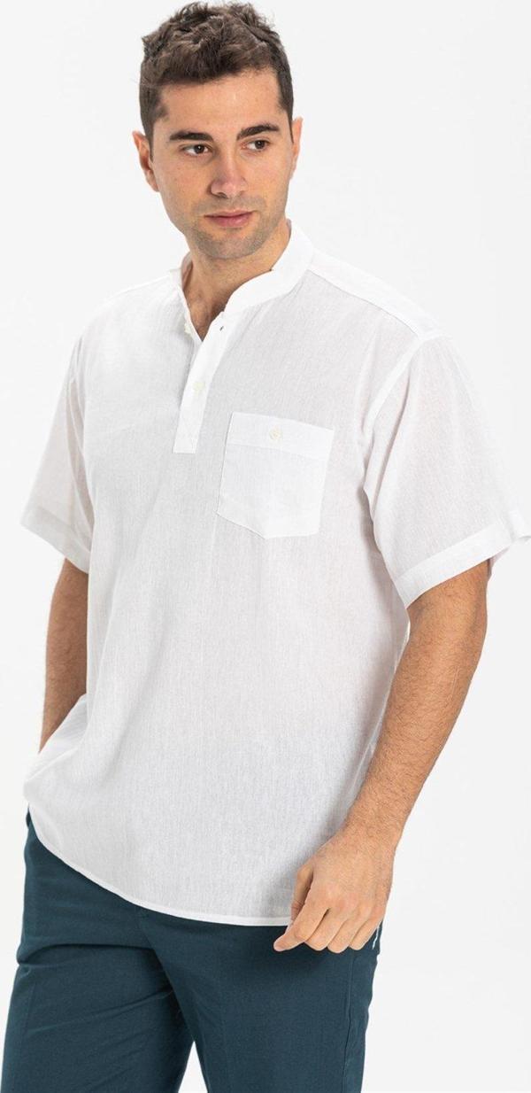 Büyük Beden Şile Bezi Kısa Kol Tek Cepli Hakim Yaka Erkek Yazlık Tshirt Beyaz 3001 - Image 1