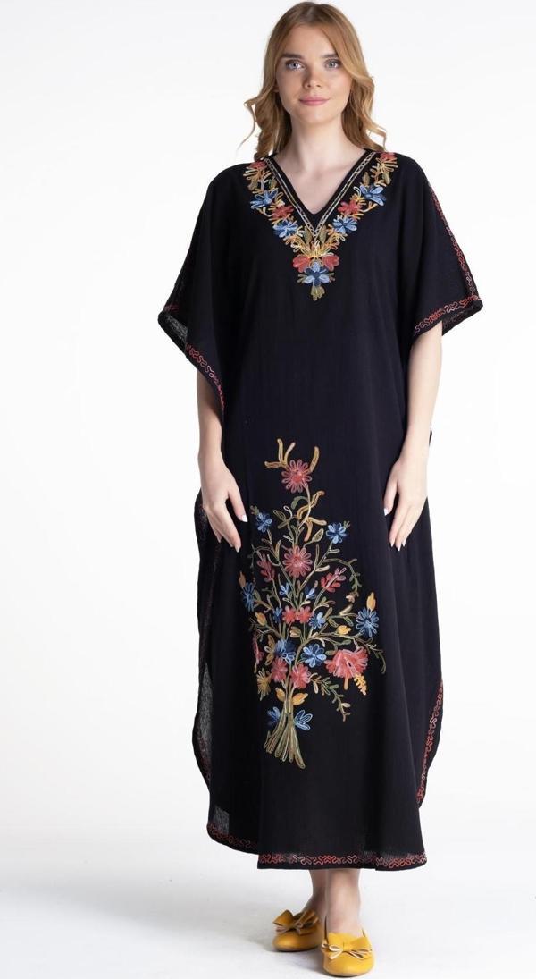 Kısa Kol Şile Bezi Tibet Uzun Yazlık Otantik Elbise Siyah Syh - Image 1