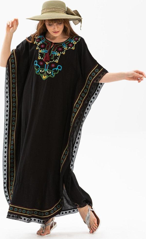 Kısa Kol Şile Bezi Gülseren Uzun Yazlık Otantik Elbise Siyah Syh - Image 1