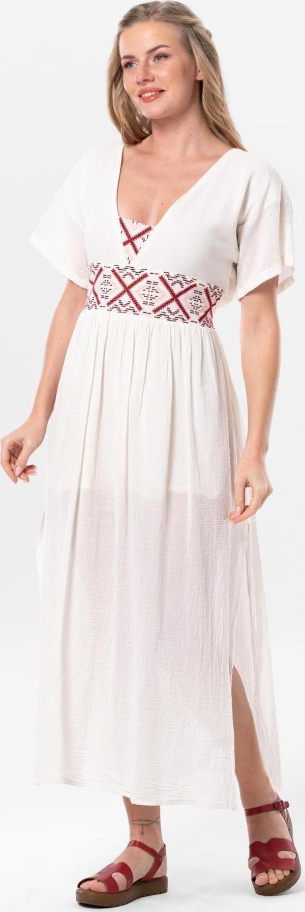 Kısa Kol Köy Bezi Yaka ve Bel Nakış Detaylı Karya Kısa Yazlık Elbise Krem Krm - Image 1