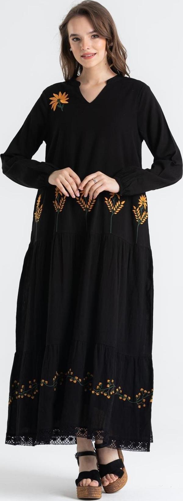 Uzun Kol Şile Bezi Aslı Nakışlı Uzun Yazlık Elbise Siyah Syh - Image 1