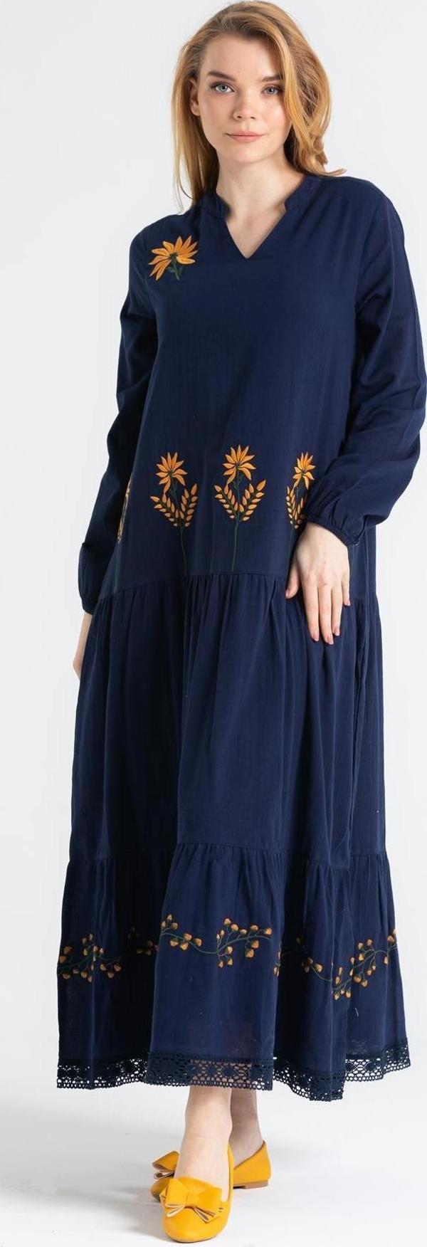 Uzun Kol Şile Bezi Aslı Nakışlı Uzun Yazlık Elbise Lacivert Lcvt - Image 1