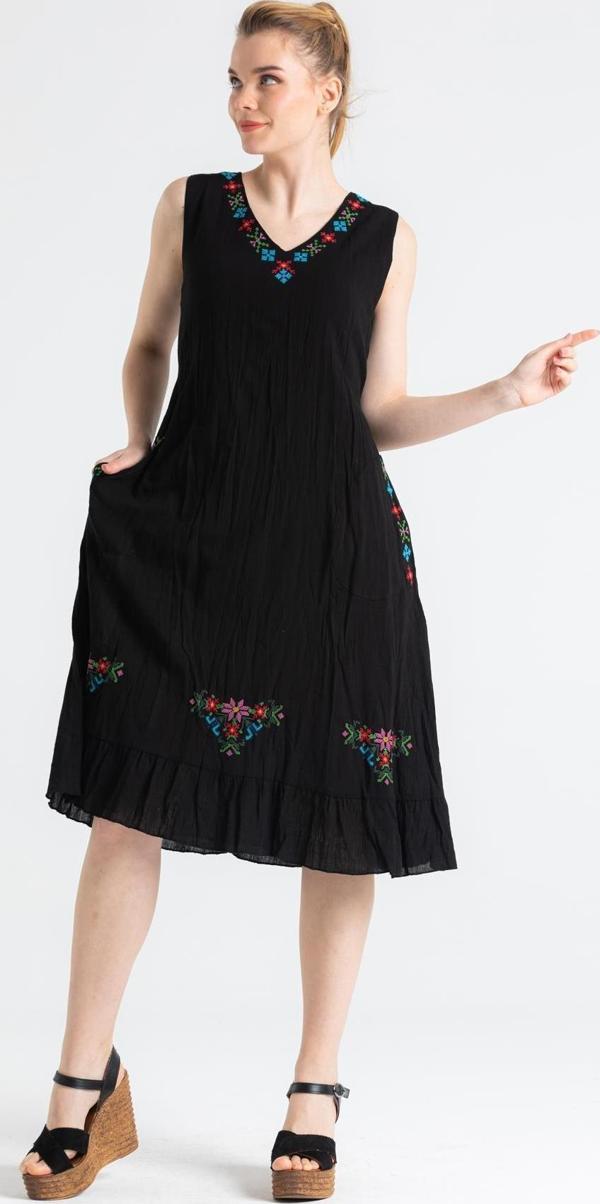 Kolsuz Şile Bezi Mehtap Midi Boy Yazlık Elbise Siyah Syh - Image 1