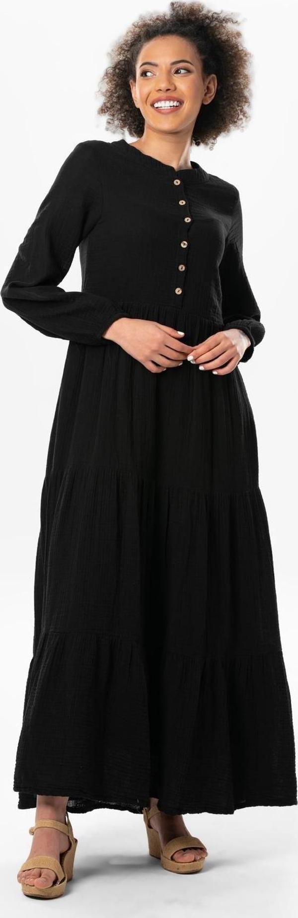 Uzun Kol Akay Uzun Düğme Detay Yazlık Müslin Elbise Siyah Syh - Image 1