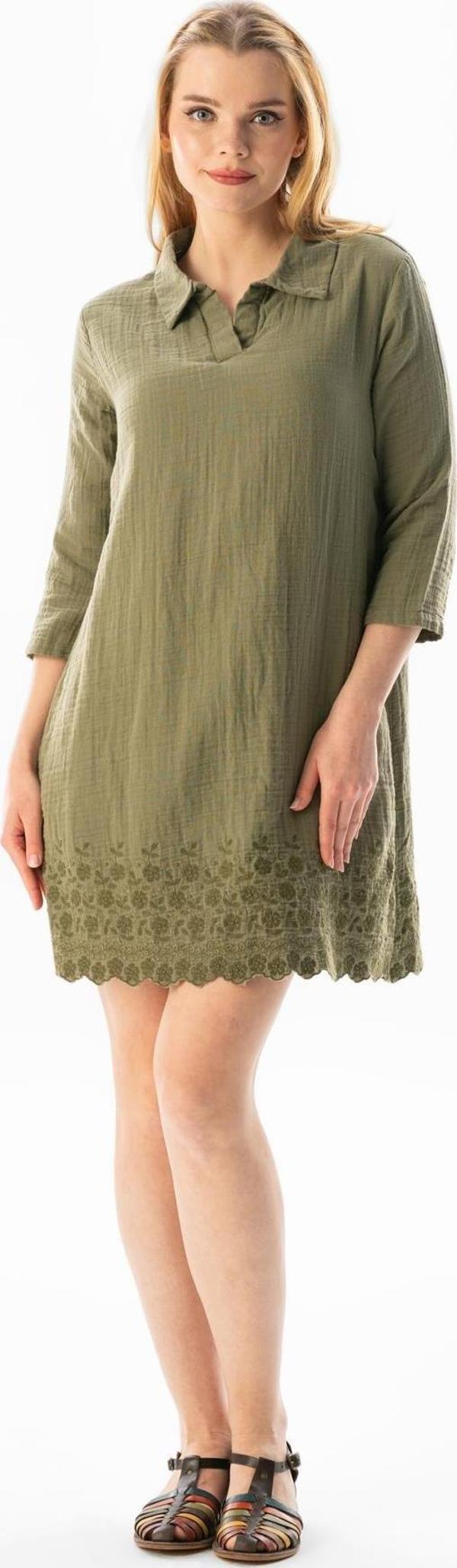 Truvakar Kol Gömlek Yaka Brode Nakış Detaylı Kısa Yazlık Müslin Elbise Haki Hk - Image 1