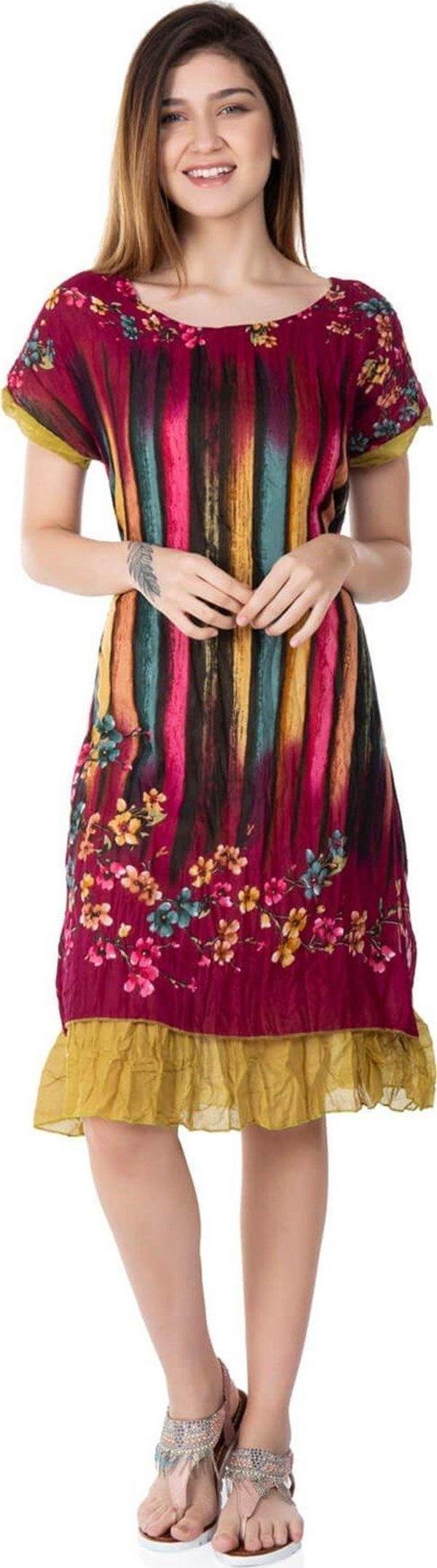 Kısa Kol Vual Defne Midi Boy Yazlık Otantik Elbise Bordo 6092 - Image 1