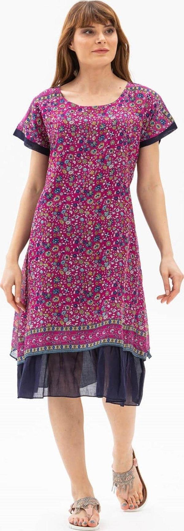 Kısa Kol Vual Defne Midi Boy Yazlık Otantik Elbise Mor-Pembe 6104 - Image 1