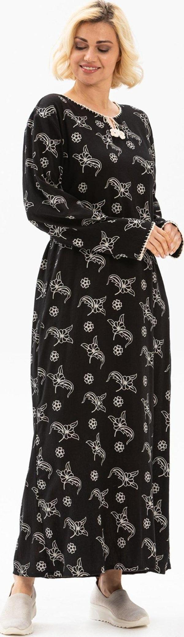 Uzun Kol Şile Bezi Baskılı Uzun Yazlık Elbise Serpme Desen Siyah Syh - Image 1