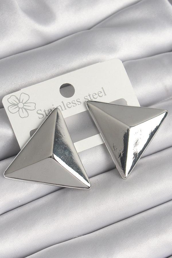 Pirinç Gümüş Renk 3D Üçgen Model Kadın Küpe - Image 1
