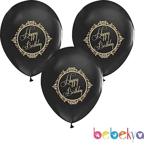 Helyuma Uyumlu Happy Birthday Yazılı Balon Siyah 12 inch 10 Adet - Image 1