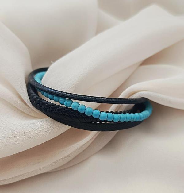 Doğaltaş Deri Bileklik Turkuaz Taşı Unisex (20 cm) Örgü  Çoklu Bilezik - Image 1