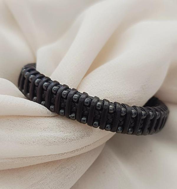 Bileklik Hakiki Deri Örgü Unisex (20.3 cm) Boncuklu Bilezik   - Image 1