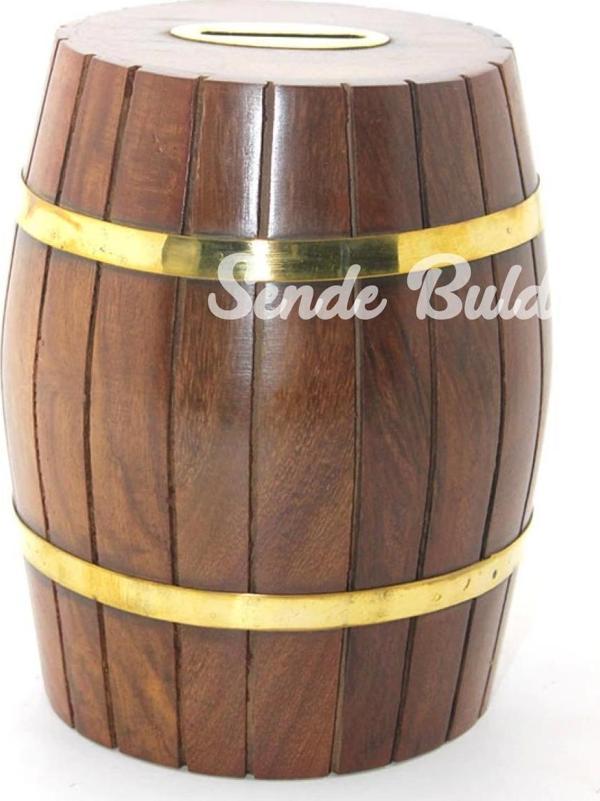 Pirinç Ahşap Fıçı Kumbara 15 Cm Wb538 - Image 1