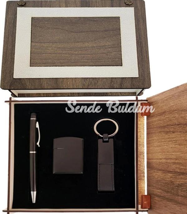 Özel Ahşap Kutulu Mat Siyah Kalem Anahtarlık Ve Çakmak Set - Image 1