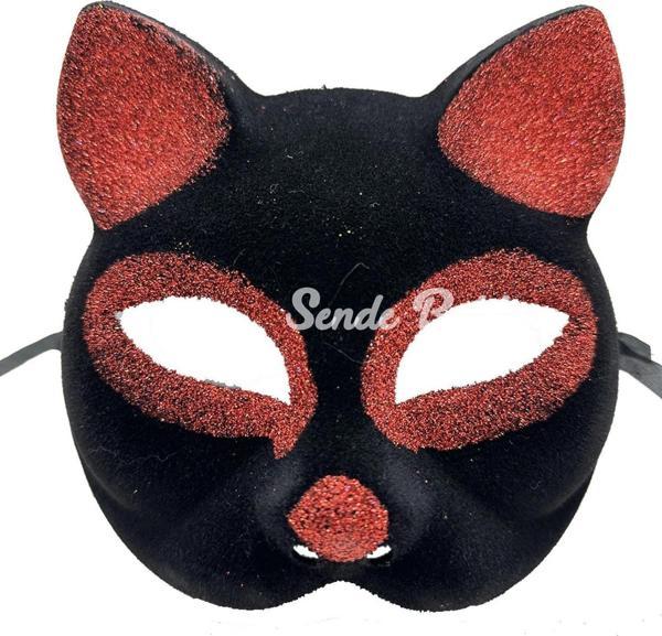 Siyah Renk Kırmızı Simli Süet Kaplama Kedi Maskesi 18x14 Cm - Image 1