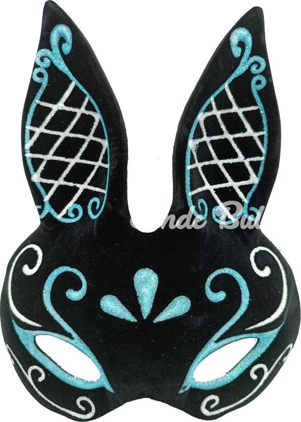 Siyah Renk Mavi Beyaz Simli Siyah Süet Kaplama Tavşan Maskesi 18x16 Cm - Image 1