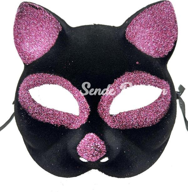 Siyah Renk Pembe Simli Süet Kaplama Kedi Maskesi 18x14 Cm - Image 1