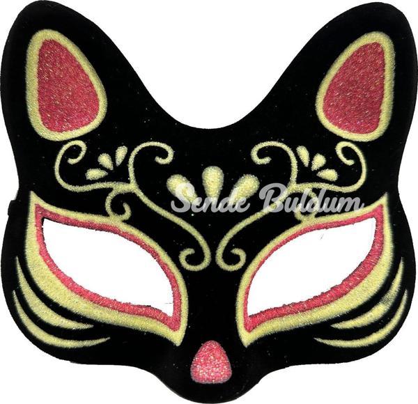 Siyah Renk Süet Kaplama Üzeri Kırmızı Sarı Simli Kedi Maskesi 17x14 Cm - Image 1