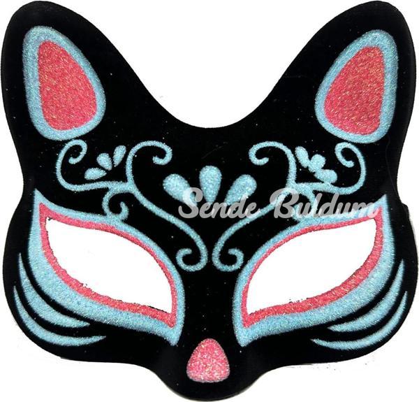 Siyah Renk Süet Kaplama Üzeri Mavi Kırmızı Simli Kedi Maskesi 17x14 Cm - Image 1