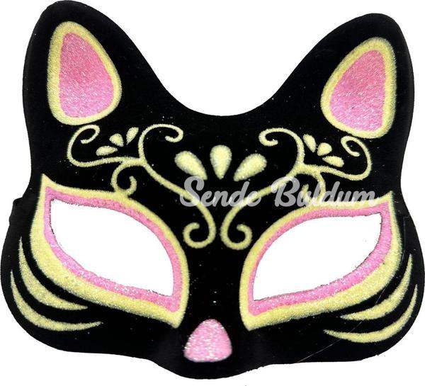 Siyah Renk Süet Kaplama Üzeri Pembe Sarı Simli Kedi Maskesi 17x14 Cm - Image 1