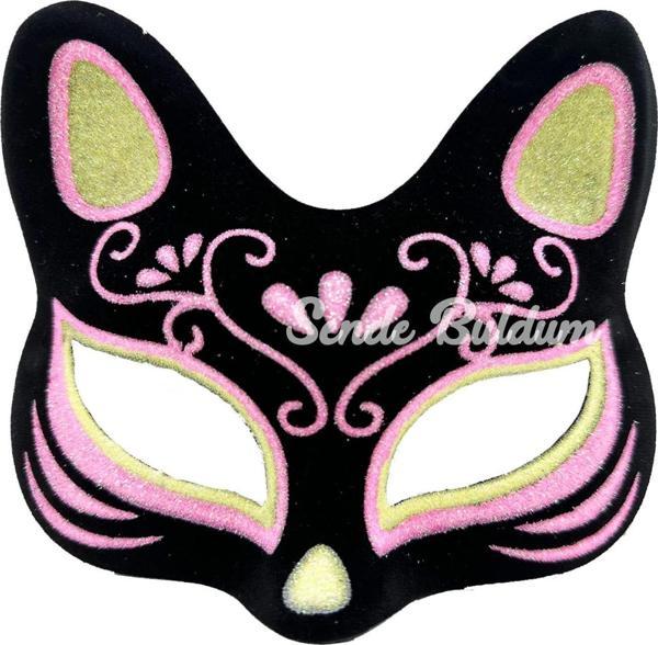 Siyah Renk Süet Kaplama Üzeri Sarı Pembe Simli Kedi Maskesi 17x14 Cm - Image 1