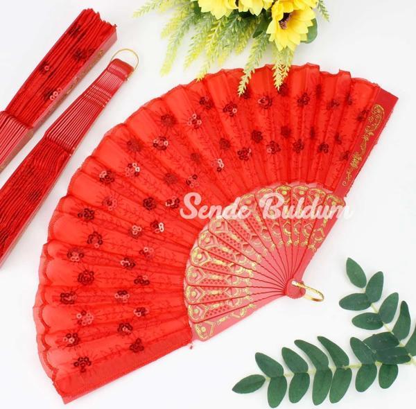 Plastik Pullu Kumaş Yelpaze 12li Kırmızı - Image 1