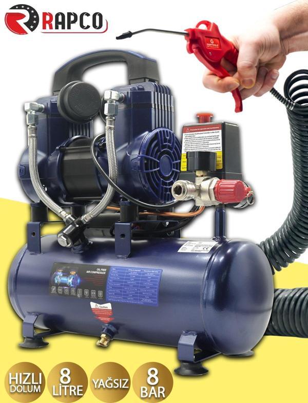 Germany Style Rapco 8 Litre Yağsız Süper Hızlı Dolum Sessiz Hava Kompresörü 8 Metre Hortum Tabanca - Image 1