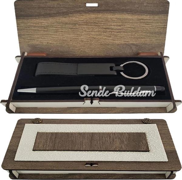 Ahşap Kutulu Siyah Kalem Ve Anahtarlık Set - Image 1