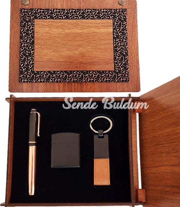 Ahşap Kutulu Bakır Roller Kalem Taba Renk Anahtarlık Ve Çakmak Set - Image 1