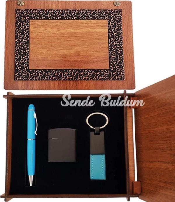 Ahşap Kutulu Çakmak Ve Mavi Kalem Anahtarlık Set - Image 1