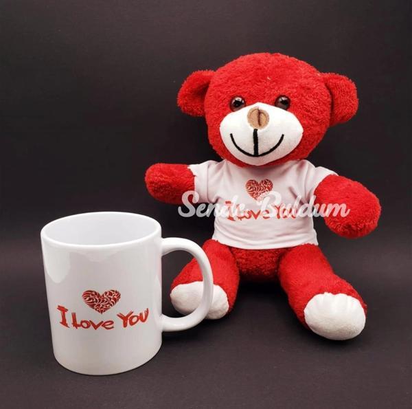 I Love You Baskılı Kupa Ve Kırmızı Ayıcık Seti - Image 1