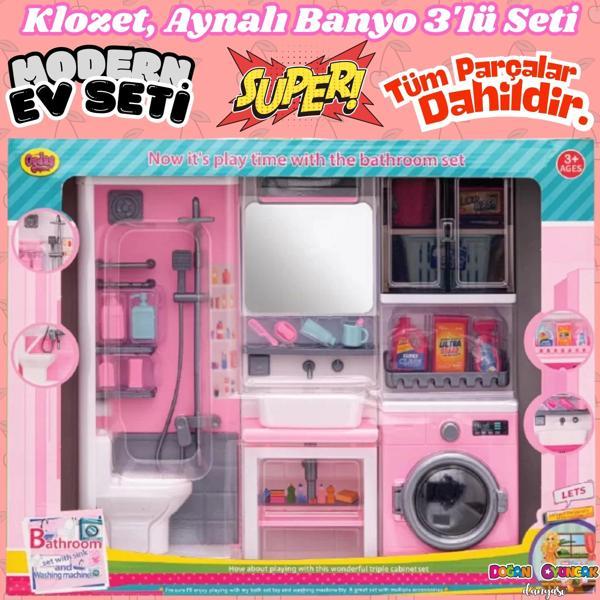Ayna, Tuvalet ve Çamaşır Makinesi Banyo Seti - Modern Banyo Seti - Banyo Oyuncak Seti - Klozet, Tuva - Image 1