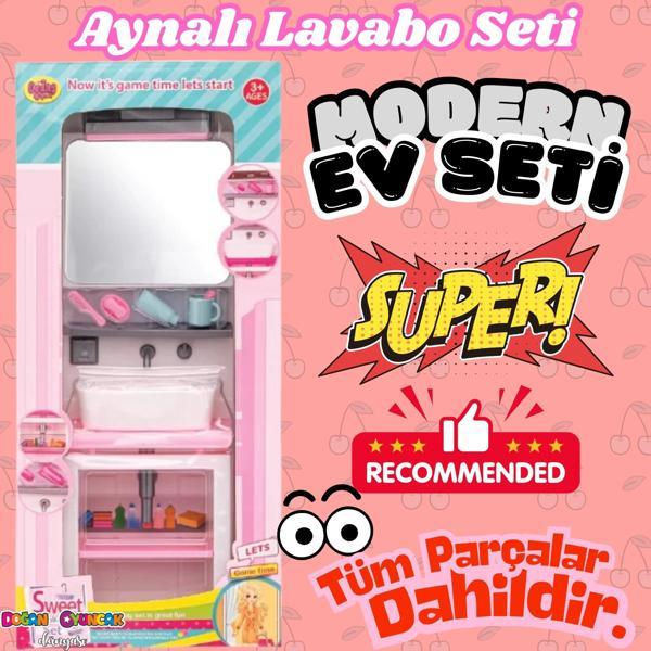 Aynalı Lavabo Banyo Seti - Modern Banyo Seti - Minyatür Ev Oyuncak Seti - Banyo Oyuncak Seti - Aynal - Image 1