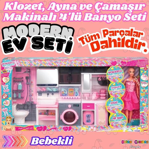 Bebekli Oyuncak Dörtlü Modern Banyo Seti - Modern Banyo Seti - Banyo Oyuncak Seti - Klozet, Tuvalet, - Image 1