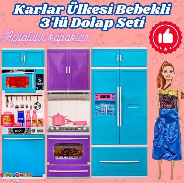 Karlar Ülkesi Bebekli Üçlü Mutfak Seti - Frozen Modern Mutfak Seti - Işıklı Sesli Mutfak Oyuncak - F - Image 1