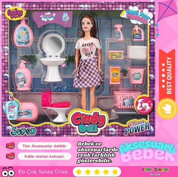 Cindy Doll Lavabo ve Temizlik Seti - Oyuncak Lavabolu Bebek - Barbie Temizlik Seti - Aksesuarlı Lava - Image 1